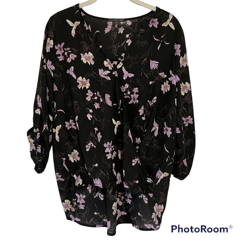 Stitch Fix West Kei Floral Blouse size Small Black Knot Roll Tab Sleeve Top